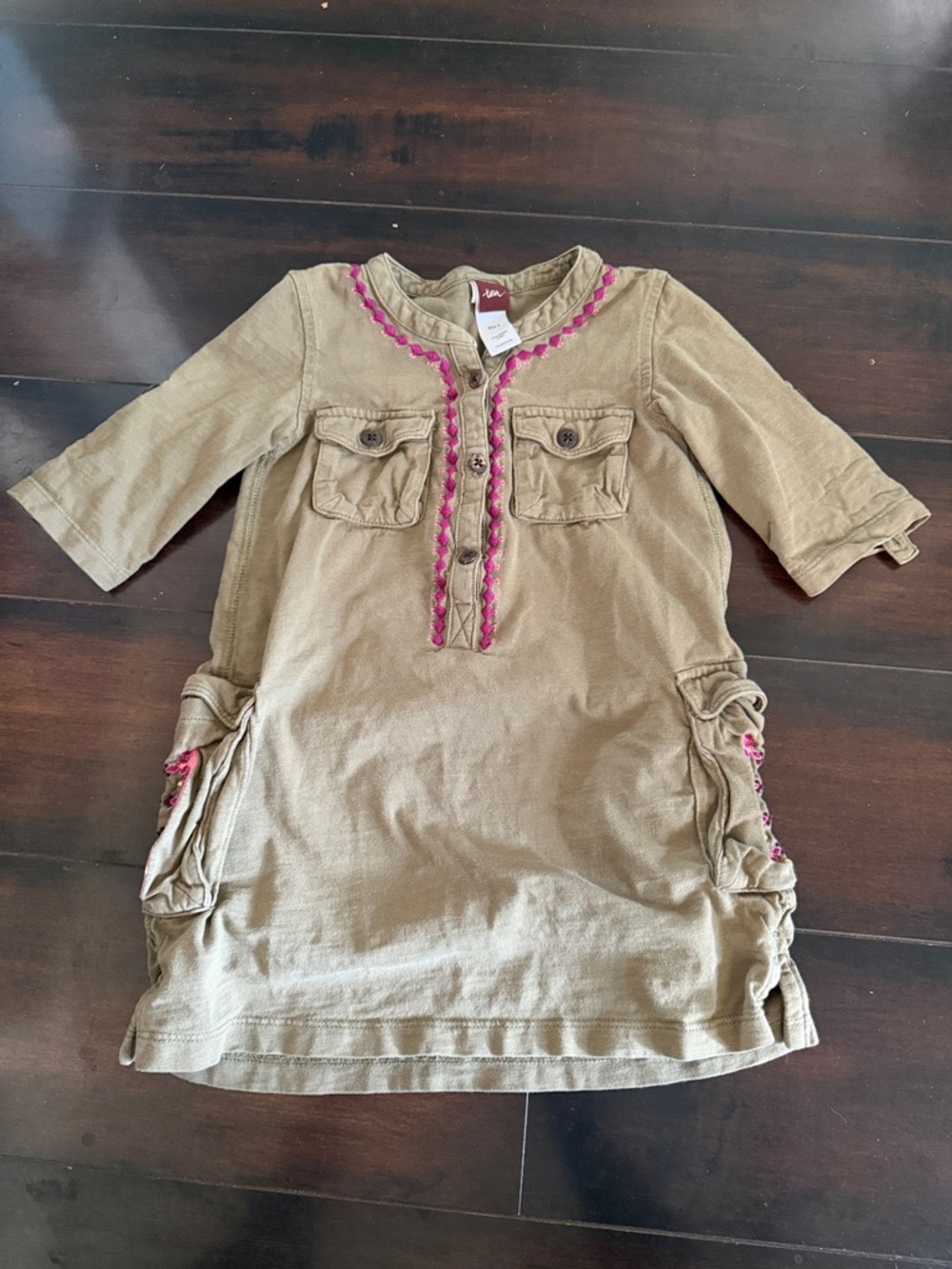 Tea Collection Tab Sleeve Knit Cargo Pocket Dress with Pink Trim
